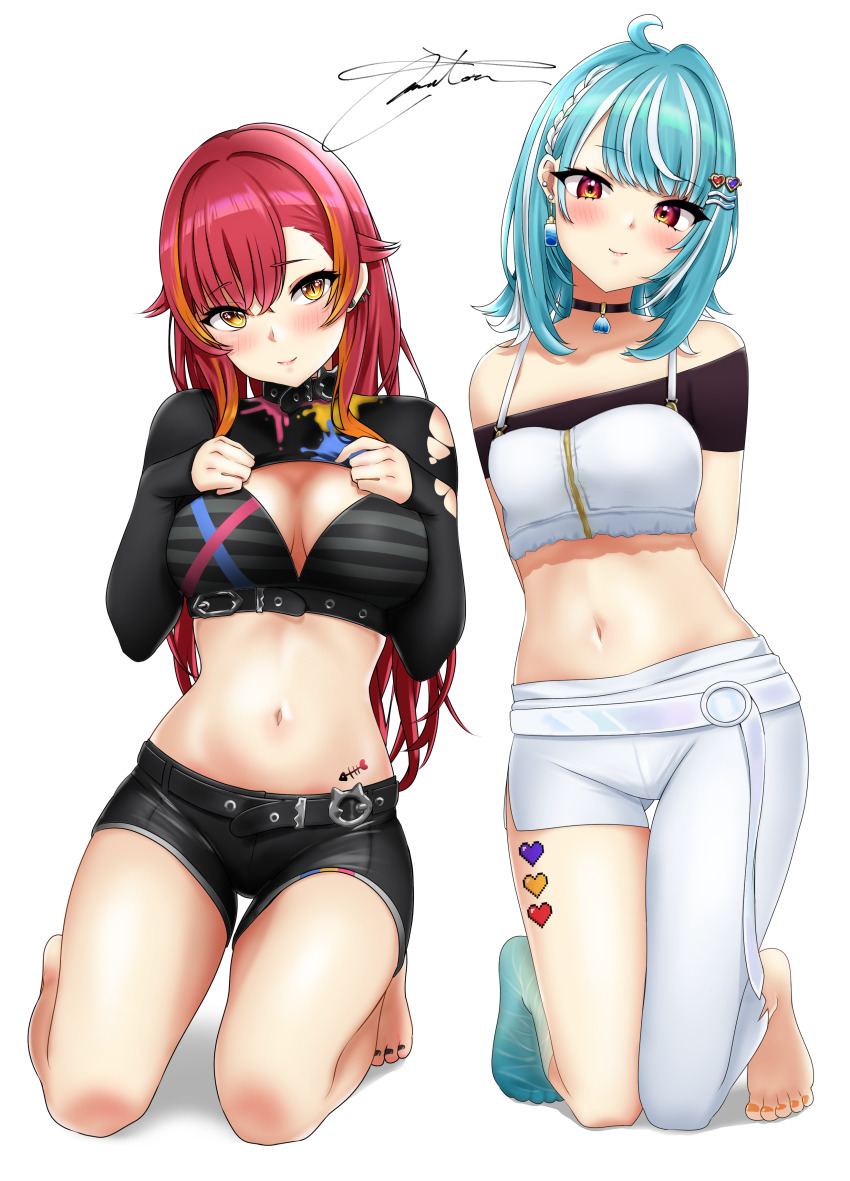 2girls, absurdres, asymmetrical_clothes, bare_legs, bare_shoulders, barefoot, belt, bikini