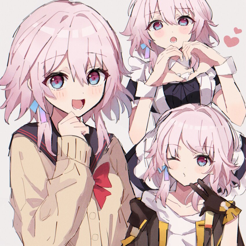1girl, :o, alternate_costume, anaketsu, apron, black_dress, black_gloves, black_jacket, black_sailor_collar, blue_eyes, blush, bow, bowtie, breasts, brown_cardigan, caelus_(honkai:_star_rail), caelus_(honkai:_star_rail)_(cosplay), cardigan, cleavage, commentary, cosplay, dress, enmaided, gloves, grey_background, heart, heart_hands, highres, honkai:_star_rail, honkai_(series), jacket, large_breasts, looking_at_viewer, maid, march_7th_(honkai:_star_rail), multicolored_eyes, multiple_views, one_eye_closed, open_clothes, open_jacket, open_mouth, pink_eyes, pink_hair, red_bow, red_bowtie, sailor_collar, school_uniform, shirt, short_hair, short_hair_with_long_locks, simple_background, smile, trailblazer_(honkai:_star_rail), two-tone_eyes, upper_body, waist_apron, white_apron, white_shirt, white_wrist_cuffs, wrist_cuffs