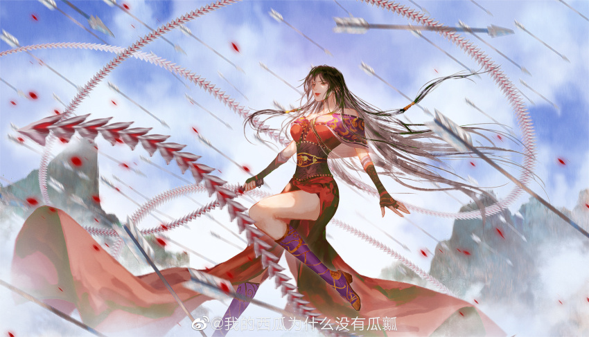 1girl, absurdres, arrow_(projectile), bare_shoulders, blue_sky, chi_lian_(qin_shi_ming_yue), closed_mouth, cloud, dress, fingerless_gloves, floating_hair, ge_bihua_hua_lao_zhang, gloves, highres, holding, holding_whip, leg_up, long_hair, mountain, off-shoulder_dress, off_shoulder, purple_footwear, qinshi_mingyue, red_dress, second-party_source, sky, smile, solo, weapon, whip_sword