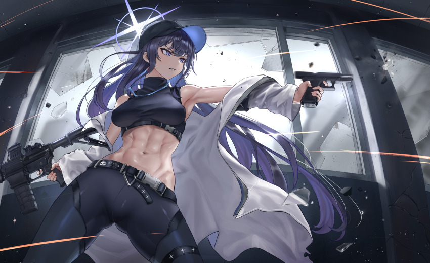 1girl, abs, absurdres, armband, armpits, assault_rifle, bare_shoulders, baseball_cap