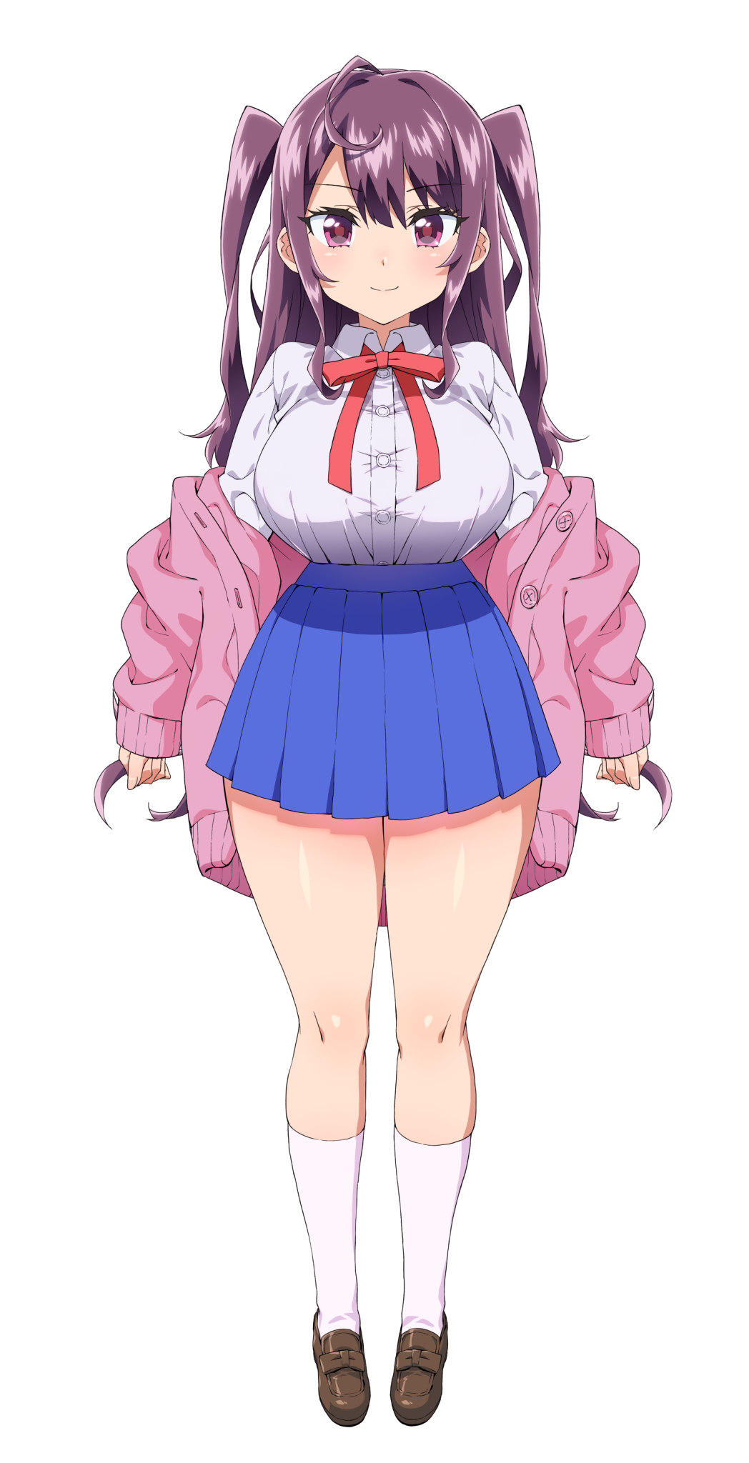 1girl, ahoge, blue_skirt, breasts, brown_shoes, cardigan, curvy, dress_shirt, full_body, hase_rinon, highres, large_breasts, loafers, long_hair, long_sleeves, looking_at_viewer, miniskirt, mucha_(muchakai), non-web_source, off_shoulder, open_cardigan, open_clothes, photoshop_(medium), pink_cardigan, pink_eyes, pleated_skirt, purple_hair, rinon_hase, shirt, shirt_tucked_in, shoes, simple_background, skirt, smile, solo, tama_project, two_side_up, virtual_youtuber, white_background, white_shirt