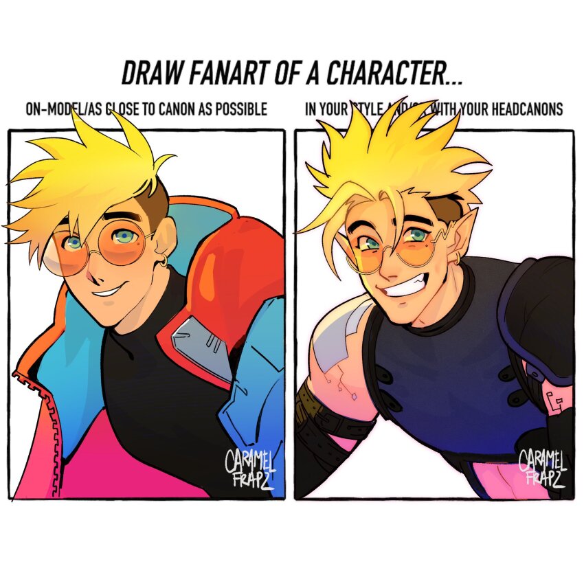 1boy, blonde_hair, blue_eyes, caramelfrapz, coat, commentary, earrings, english_commentary, english_text, highres, jewelry, male_focus, mole, mole_under_eye, multiple_drawing_challenge, official_style, on-model_vs_in_your_style_challenge, orange-tinted_eyewear, pointy_ears, red_coat, round_eyewear, short_hair, single_earring, smile, sunglasses, tinted_eyewear, trigun, trigun_stampede, vash_the_stampede