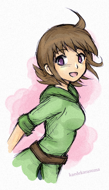1girl, akari_(bokujou_monogatari), brown_hair, female_focus, harvest_moon, kaedekarasuma, purple_eyes, sketch, solo