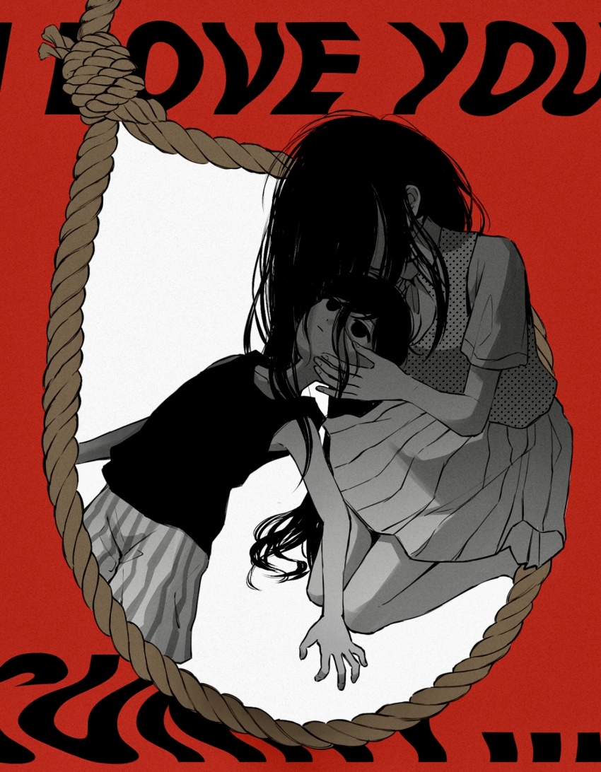 1boy, 1girl, black_eyes, black_hair, closed_mouth, colored_skin, english_text, expressionless