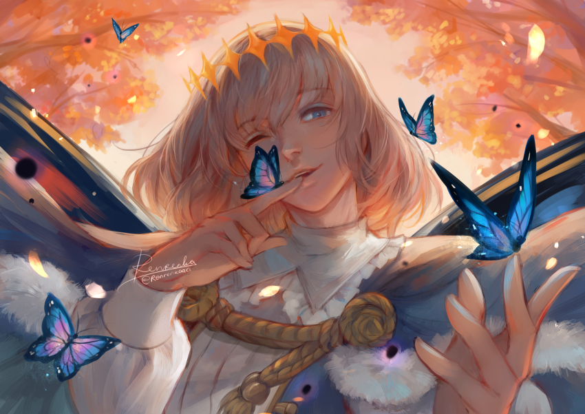 1boy, arthropod_boy, blue_butterfly, blue_cloak, blue_eyes, bug, butterfly, butterfly_wings