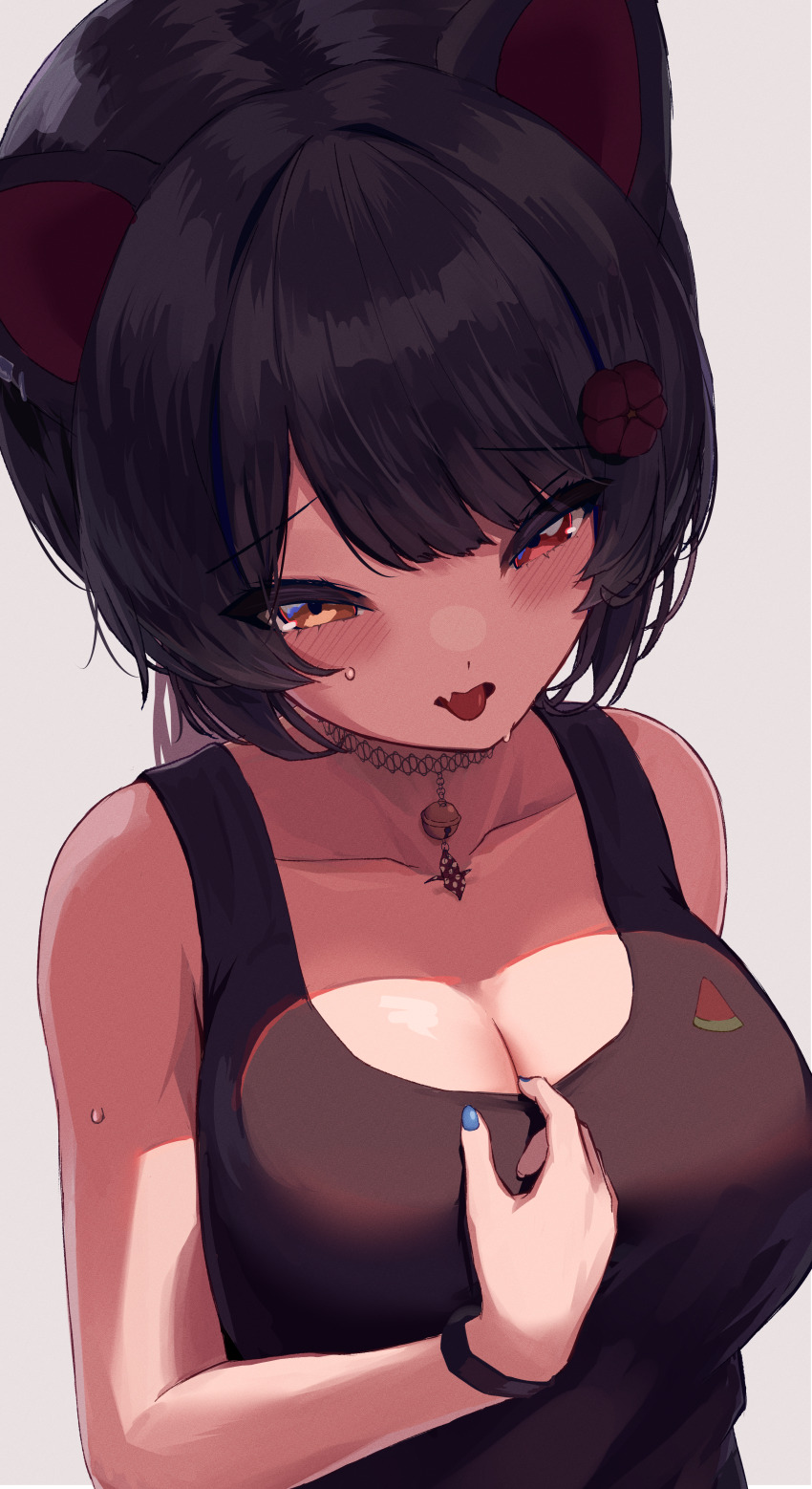 1girl, absurdres, ami_no_fuda, animal_ears, bell, black_hair, black_tank_top, blue_nails