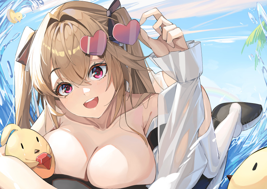 anchorage_(azur_lane), anchorage_(dolphins_and_swim_lessons)_(azur_lane), azur_lane, blue_sky, breasts, brown_hair, collarbone, gem_(azur_lane)