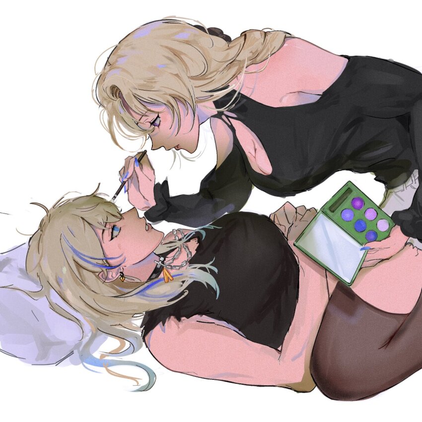 2girls, applying_another's_makeup, applying_makeup, bjmaki, blonde_hair, blue_eyes, cocolia_rand, cosmetics