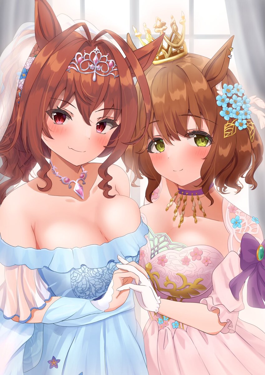 2girls, antenna_hair, aston_machan_(haute_couture_memory)_(umamusume), aston_machan_(umamusume), bare_shoulders, blue_dress, blue_nails, blush, bow, breasts, bridal_veil, bride, brown_hair, cleavage, closed_mouth, commentary_request, crown, daiwa_scarlet_(something_blue)_(umamusume), daiwa_scarlet_(umamusume), dress, ear_ornament, gloves, green_eyes, highres, holding_hands, komugirakko, large_breasts, looking_at_viewer, medium_hair, multiple_girls, nail_polish, official_alternate_costume, pink_dress, purple_bow, red_eyes, red_hair, short_hair, side-by-side, smile, tilted_headwear, umamusume, upper_body, veil, wedding_dress, white_gloves