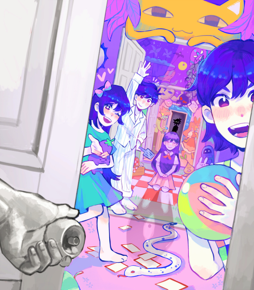 3girls, 5boys, aubrey_(headspace)_(omori), aubrey_(omori), ball, big_yellow_cat_(omori), blush, boss_(omori)