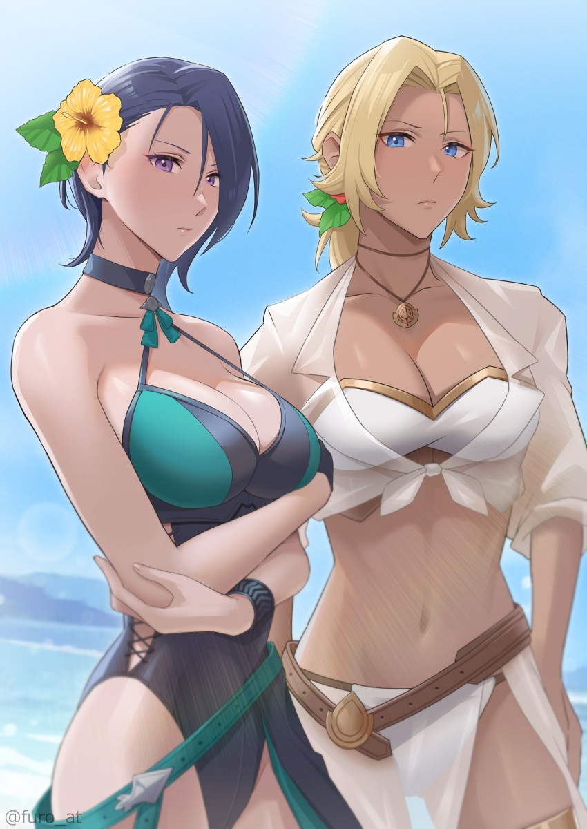 2girls, bikini, black_one-piece_swimsuit, blonde_hair, blue_eyes, blue_sky, breasts, catherine_(fire_emblem)