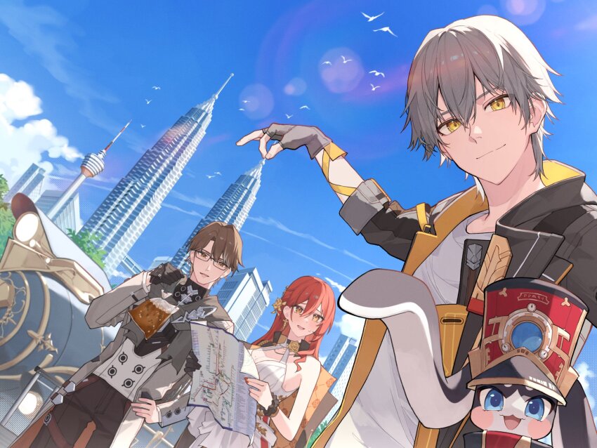 1girl, 1other, 2boys, :3, animal_ears, astral_express_(honkai:_star_rail), asymmetrical_hair, bag