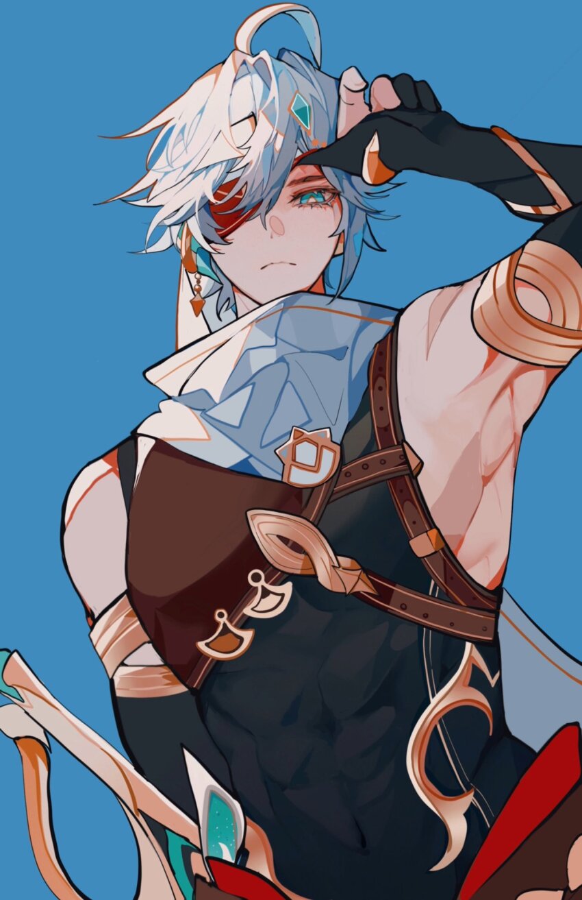 1boy, ahoge, alhaitham_(genshin_impact), arm_up, armlet, armpits, asymmetrical_sidelocks, black_gloves