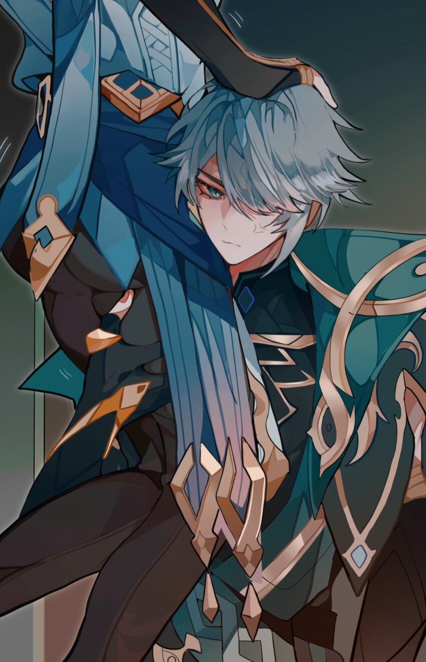 2boys, alhaitham_(genshin_impact), anger_vein, ass, asymmetrical_sidelocks, black_pants, black_shirt, cape, carrying, carrying_person, closed_mouth, dark_background, fingerless_gloves, from_side, ftappp, genshin_impact, gloves, gold_trim, hair_between_eyes, hair_over_one_eye, hand_on_another's_head, highres, jewelry, kaveh_(genshin_impact), looking_at_viewer, male_focus, multiple_boys, one_eye_covered, pants, ring, shirt, sidelocks, swept_bangs, thumb_ring, yaoi