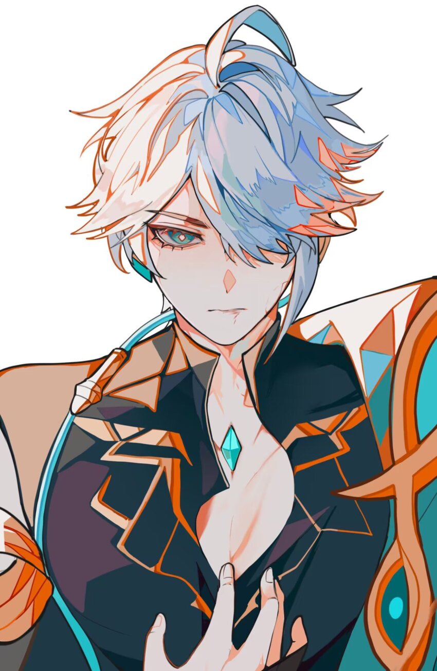 2boys, ahoge, alhaitham_(genshin_impact), aqua_hair, asymmetrical_sidelocks, black_shirt, cable, chest_jewel