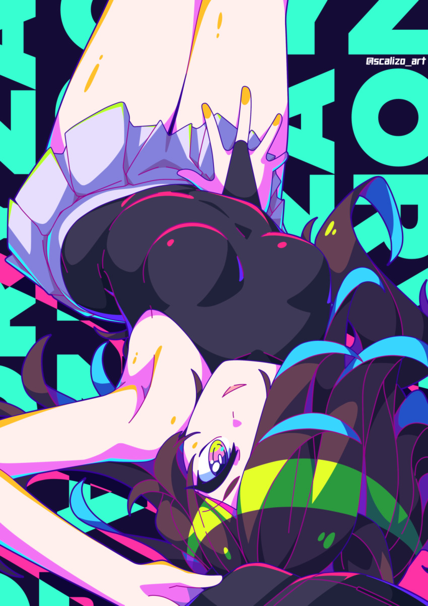 1girl, black_hat, black_shirt, boc'z_(umamusume), breasts, brown_hair, feet_out_of_frame, hair_over_one_eye