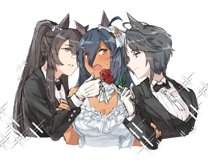 3girls, animal_ears, arm_grab, bandaid, bandaid_on_face, bandaid_on_nose, black_hair, black_jacket