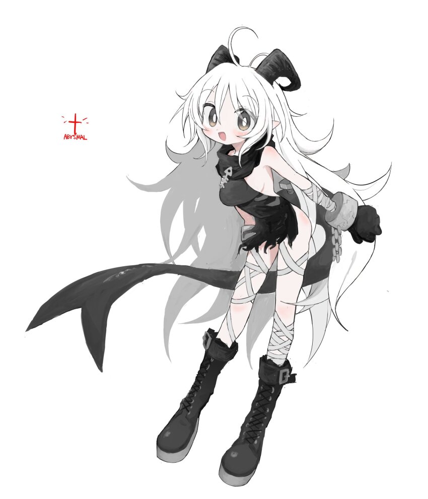 1girl, abysmal, bandaged_leg, bandages, black_boots, black_dress, black_gloves, black_horns