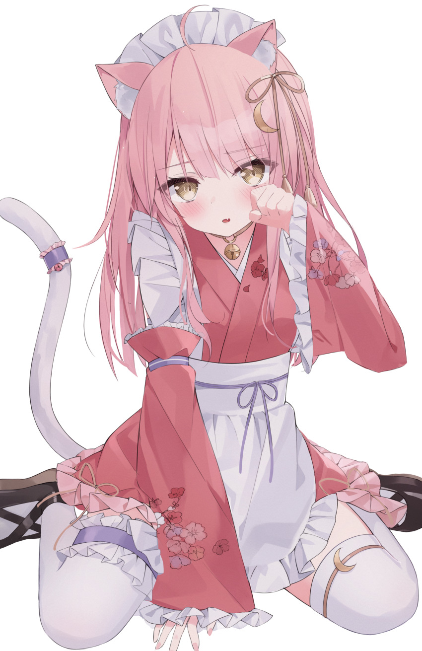 1girl, absurdres, animal_ear_fluff, animal_ears, apron, arm_support, bell, black_shoes