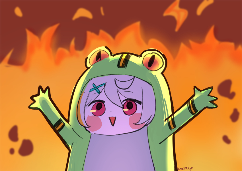 1girl, animal_costume, arms_up, artist_name, blush, blush_stickers, chibi, commentary, cosplay, elmo_rise_(meme), english_commentary, fire, frog_costume, froggy_(polygonal_mind), froggy_(polygonal_mind)_(cosplay), grey_hair, hair_between_eyes, hair_ornament, hakamii, highres, looking_at_viewer, meme, nijisanji, nijisanji_en, open_mouth, orange_background, outstretched_arms, pink_eyes, polygonal_mind, pomu_rainpuff, signature, solo, spread_arms, triangle_mouth, upper_body, virtual_youtuber