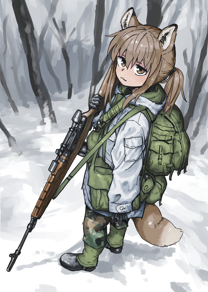 1girl, animal_ears, backpack, bag, battle_rifle, brown_eyes, camouflage, camouflage_jacket