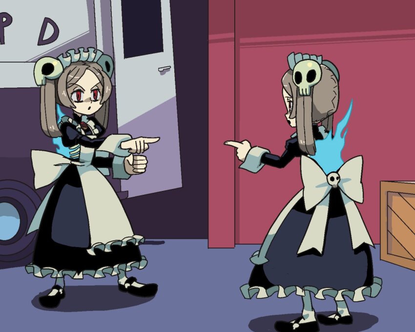 2girls, apron, black_dress, black_footwear, bloody_marie_(skullgirls), blue_fire, clone, dress