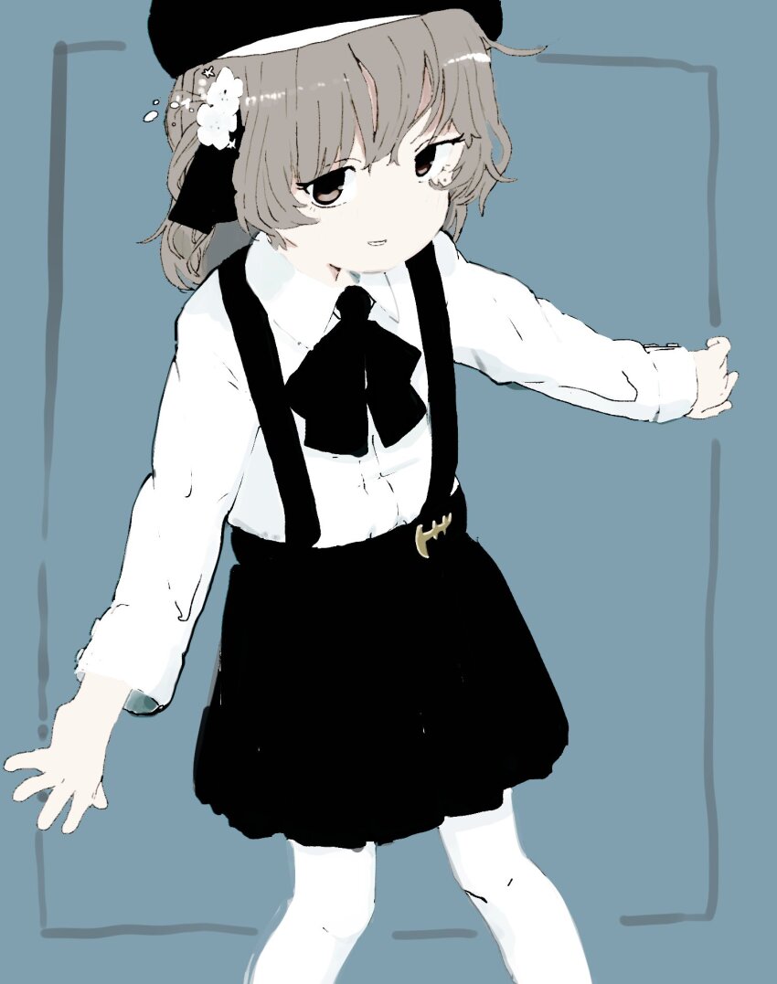 1girl, beret, black_hat, black_ribbon, black_skirt, blue_background, brown_eyes, collared_shirt