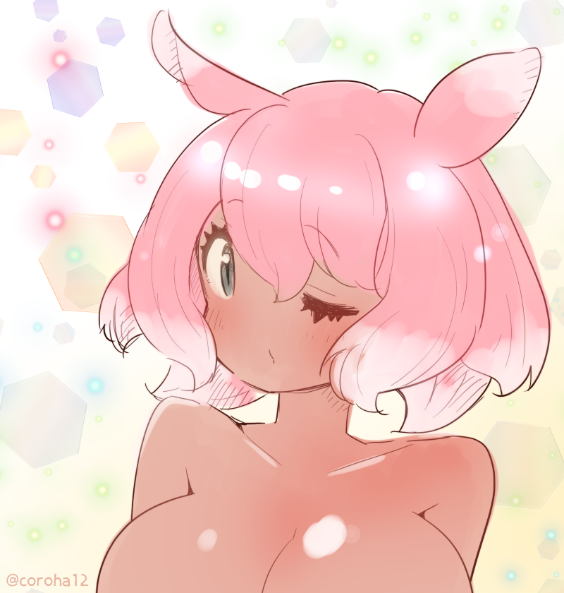 1girl, bare_shoulders, black_eyes, blush, breasts, closed_mouth, coroha, cube