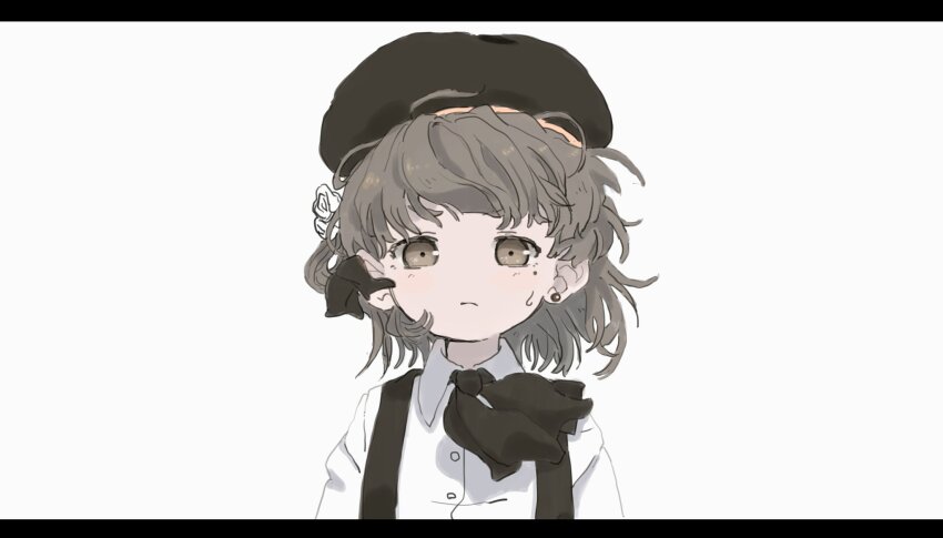 1girl, arms_at_sides, beret, black_hat, black_ribbon, brown_eyes, brown_hair, buttons