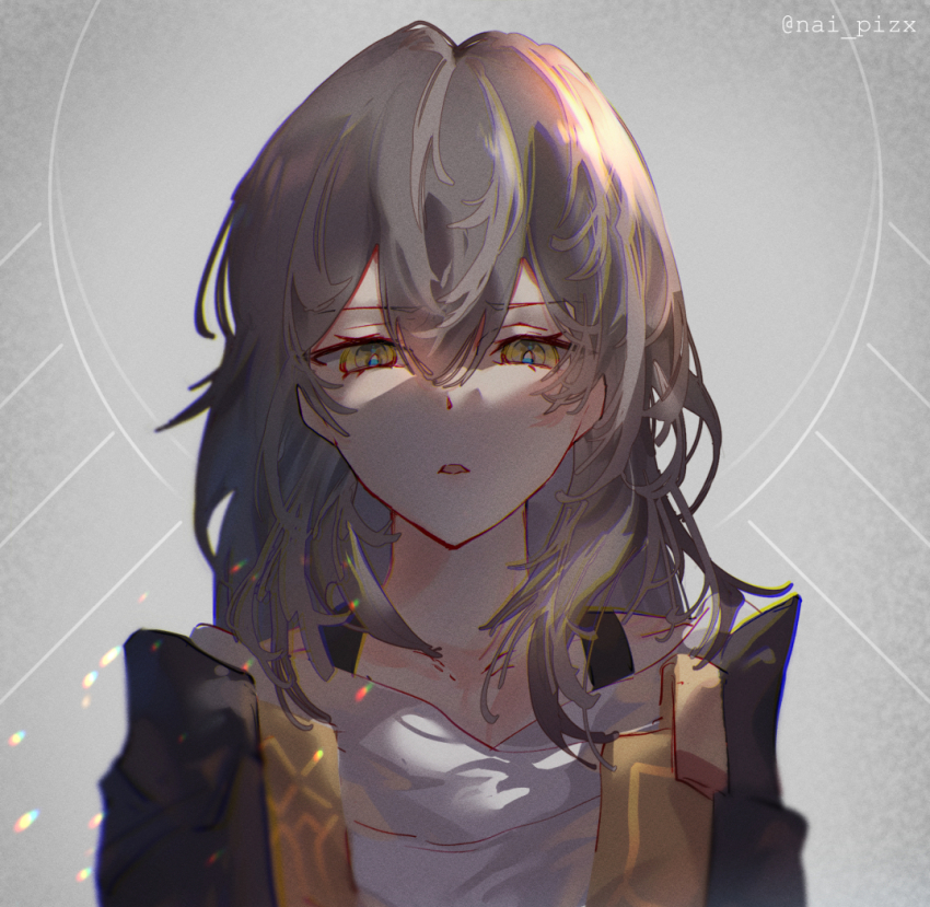 1girl, black_jacket, grey_background, grey_hair, hair_between_eyes, honkai:_star_rail, honkai_(series), jacket