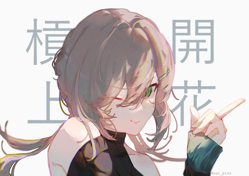 1girl, bare_shoulders, black_sweater, brown_hair, green_eyes, grey_background, hair_between_eyes, hand_up