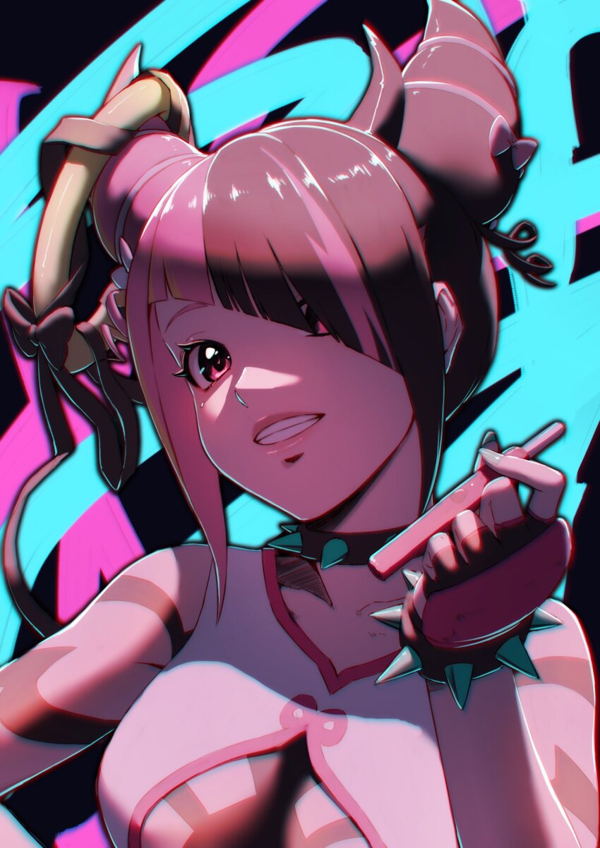 1girl, aduti_momoyama, amaki_pururu, black_bow, black_collar, black_gloves, black_hair, black_horns, bow, bracelet, breasts, collar, collarbone, color_connection, cosplay, fingerless_gloves, gloves, grin, hair_horns, hair_over_one_eye, han_juri, han_juri_(cosplay), highres, horns, indie_virtual_youtuber, jewelry, lips, looking_at_viewer, medium_breasts, multicolored_background, multicolored_hair, pink_eyes, pink_hair, pink_lips, short_hair, single_horn, smile, solo, spiked_bracelet, spiked_collar, spikes, split-color_hair, streaked_hair, street_fighter, street_fighter_6, two-tone_hair, underboob, upper_body, virtual_youtuber