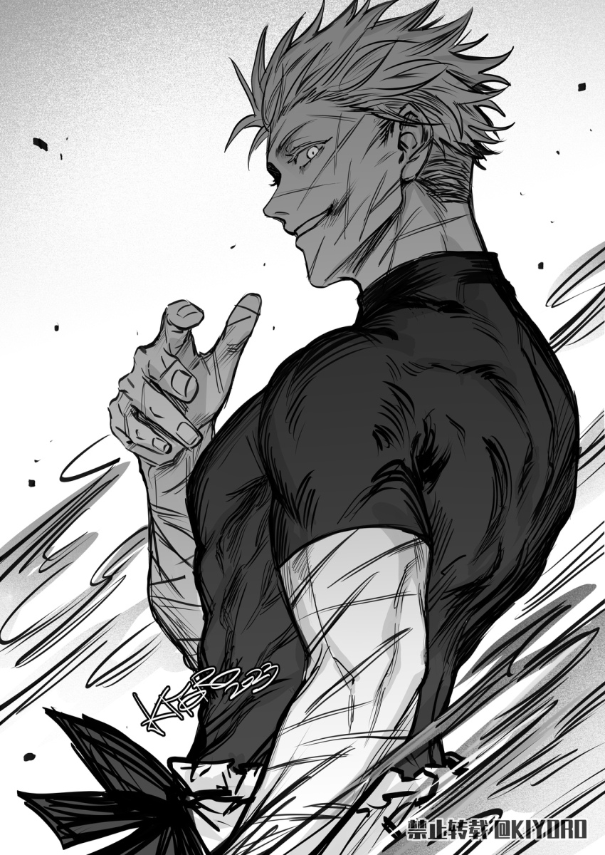 1boy, artist_name, belt, cowboy_shot, cuts, gojo_satoru, greyscale, hand_up, highres, injury, jujutsu_kaisen, kiyoro2, looking_at_viewer, male_focus, monochrome, pants, profile, shirt, short_hair, short_sleeves, smile, solo, standing