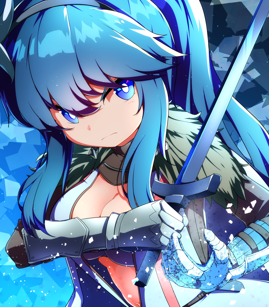 1girl, auris_(sequel), black_hairband, blue_eyes, blue_gloves, blue_hair, bra, breasts, bright_pupils, cleavage, closed_mouth, coat, flower, frown, fur_collar, gauntlets, gloves, grey_bra, hair_between_eyes, hairband, holding, holding_sword, holding_weapon, kredorf, light_particles, long_hair, long_sleeves, medium_breasts, midriff, navel, ribbed_gloves, sequel_(series), sequel_colony, sidelocks, solo, sword, underwear, v-shaped_eyebrows, weapon, white_coat, white_flower, white_pupils