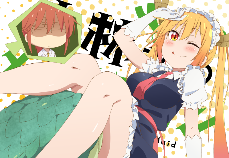 2girls, ascot, blonde_hair, breasts, brown_hair, collared_shirt, dragon_girl, dragon_horns