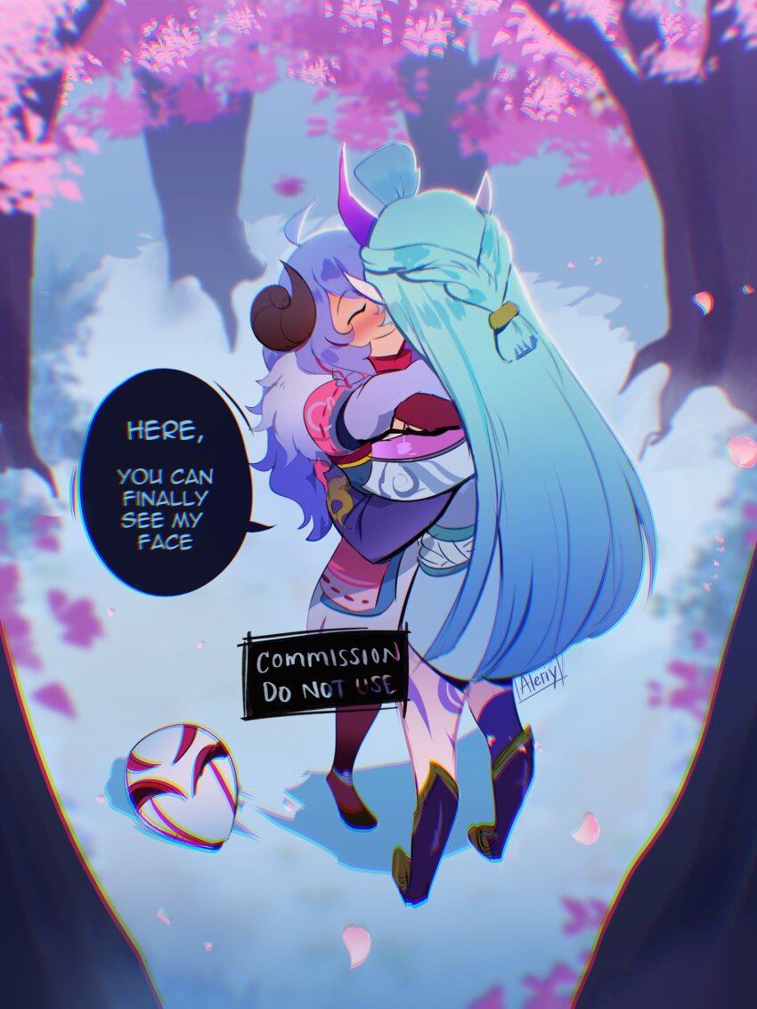 2girls, ahoge, aleriy, blush, closed_eyes, coat, commission, english_text, facing_another, forest, fur_coat, gradient_hair, green_hair, highres, horns, hug, kindred_(league_of_legends), lamb_(league_of_legends), league_of_legends, long_hair, mask, unworn_mask, multicolored_hair, multiple_girls, nature, outdoors, petals, purple_hair, single_horn, smile, soraka_(league_of_legends), speech_bubble, spirit_blossom_kindred, spirit_blossom_soraka, standing, tree