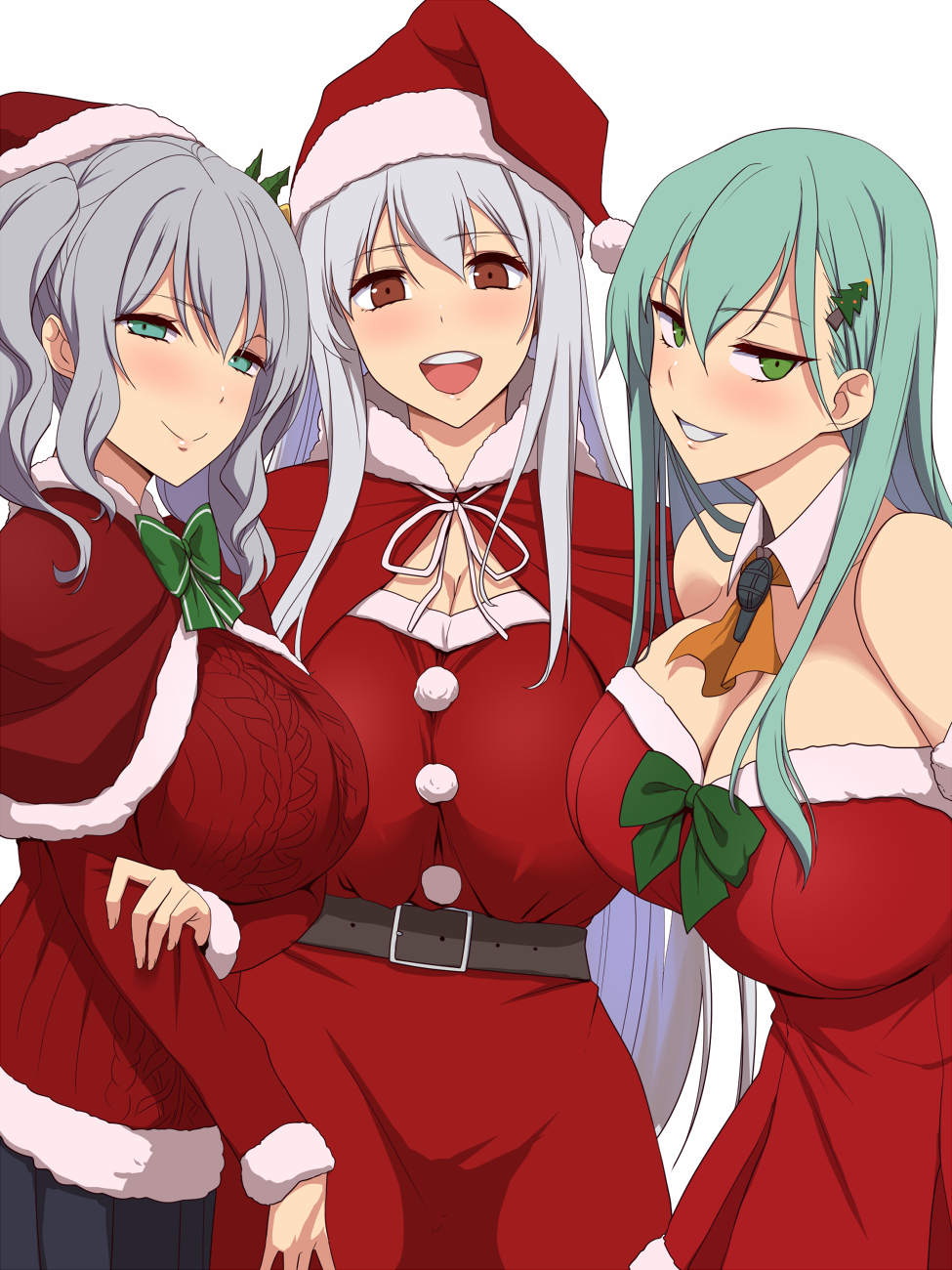 3girls, argyle_clothes, argyle_sweater, arm_under_breasts, ascot, belt, black_skirt, bow