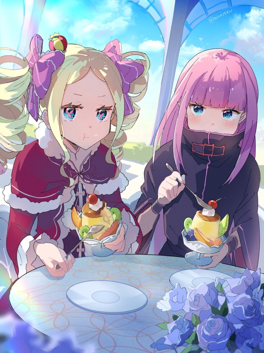 2girls, beatrice_(re:zero), blonde_hair, blue_eyes, blunt_bangs, blush, capelet, dessert, drill_hair, eating, food, hair_ribbon, highres, long_hair, mirayskw, multiple_girls, pink_hair, pudding, re:zero_kara_hajimeru_isekai_seikatsu, ribbon, ryuzu_meyer, sidelocks, smile, spoon, symbol-shaped_pupils, table, twin_drills