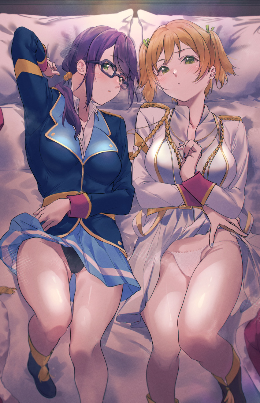 2girls, aiguillette, arm_under_breasts, arm_up, bed, bell, black-framed_eyewear, black_footwear