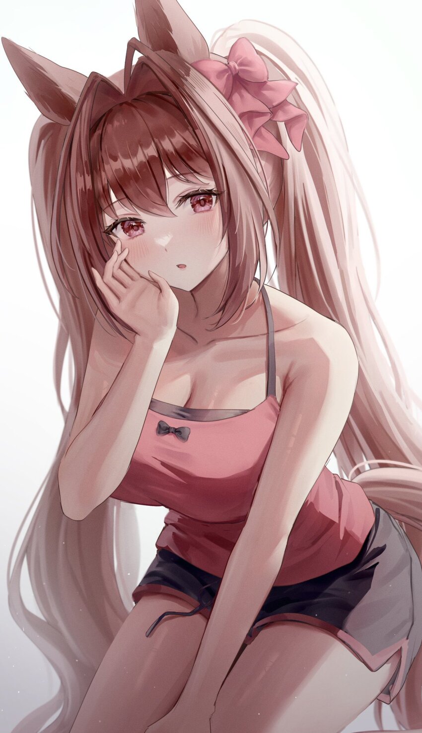 1girl, animal_ears, bare_shoulders, blush, bow, breasts, brown_hair, camisole