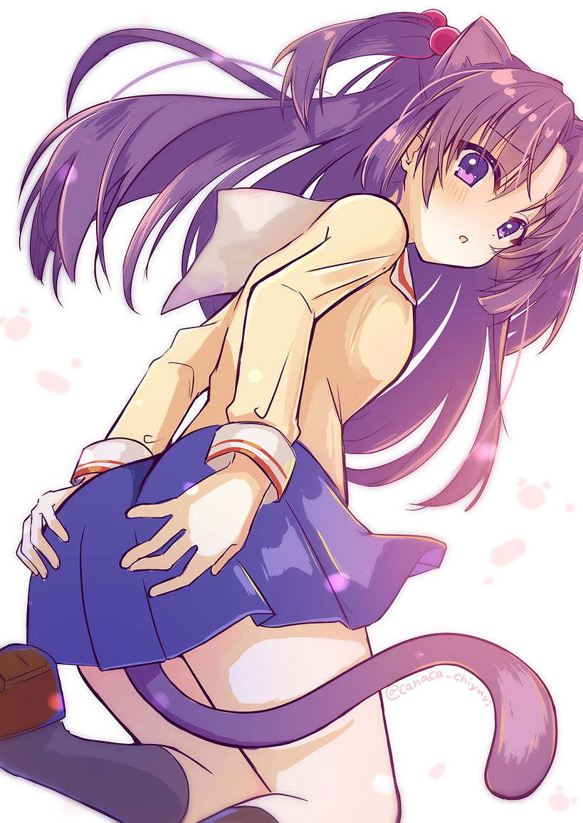 1girl, animal_ears, black_socks, blue_skirt, blush, brown_footwear, canaca_chiyuri, cat_ears