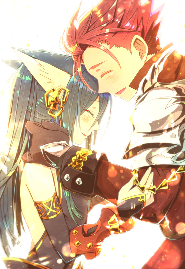 2boys, animal_ears, armor, backlighting, blush, closed_eyes, dragoon_(sekaiju), dragoon_1_(sekaiju)