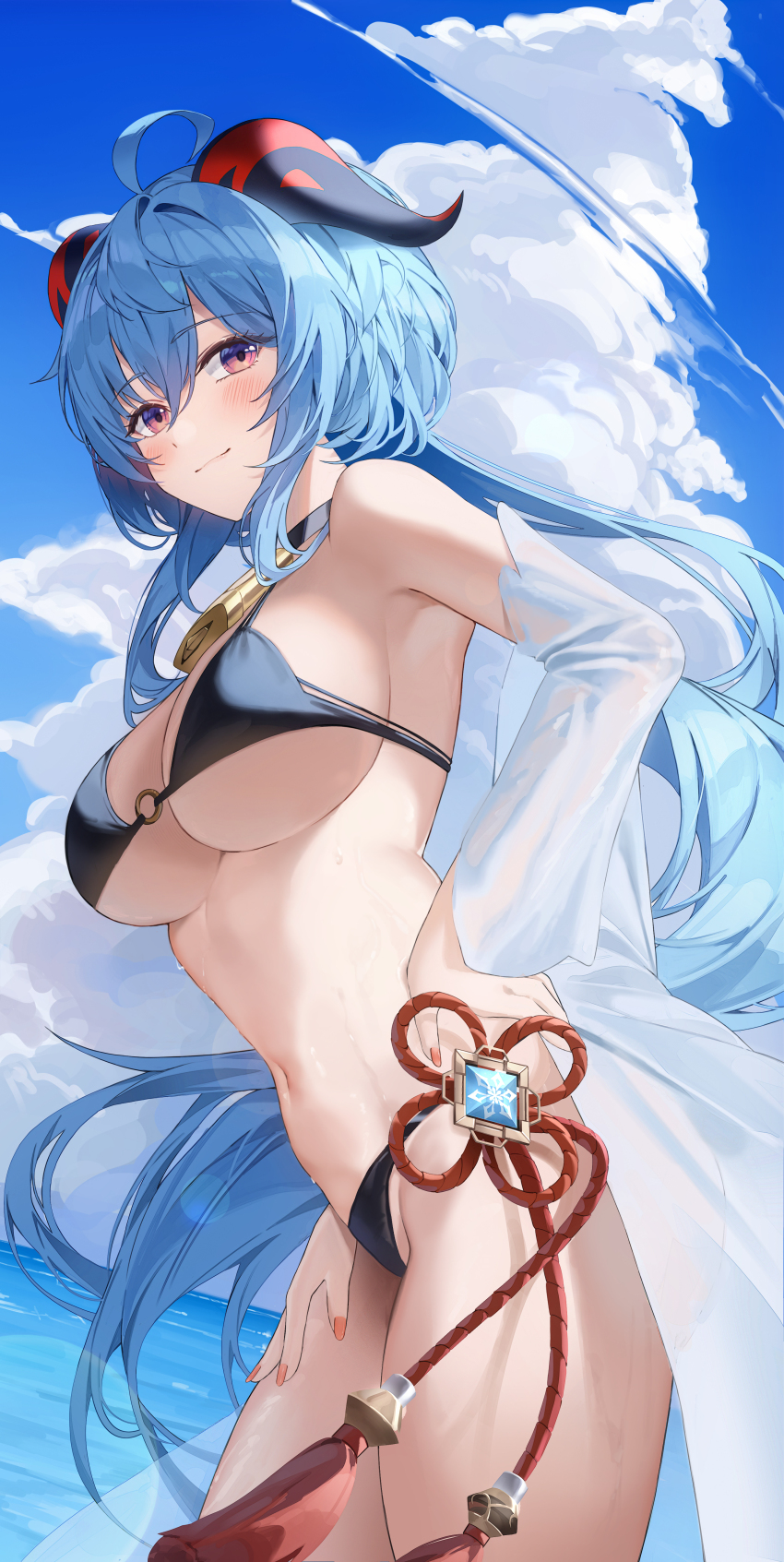1girl, absurdres, ahoge, bell, bikini, blue_hair, blue_sky, breasts