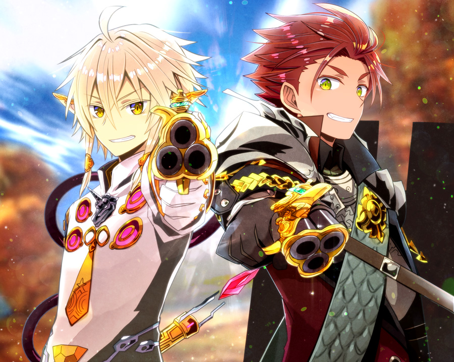 2boys, aiming, aiming_at_viewer, back-to-back, blurry, blurry_background, coat, day