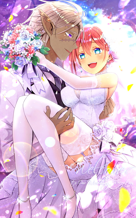 1boy, 1girl, :d, bare_shoulders, blue_eyes, blush, bouquet, breasts, carrying, dark-skinned_male, dark_skin, dress, elbow_gloves, etrian_odyssey, flower, formal_clothes, garter_straps, gloves, happy, hetero, high_heels, holding, holding_bouquet, large_breasts, mizuchaya_youkan, necromancer_(sekaiju), necromancer_1_(sekaiju), open_mouth, pink_hair, pointy_ears, princess_carry, pumps, reaper_(sekaiju), reaper_4_(sekaiju), sekaiju_no_meikyuu, sekaiju_no_meikyuu_5, smile, suit, thighhighs, wedding, white_dress, white_footwear, white_gloves, white_suit, white_thighhighs
