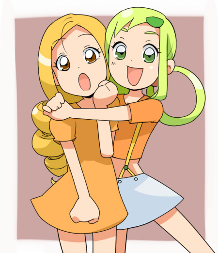 2girls, asuka_momoko, child, hug, multiple_girls, ojamajo_doremi, smile, tamagoroo, tamaki_reika