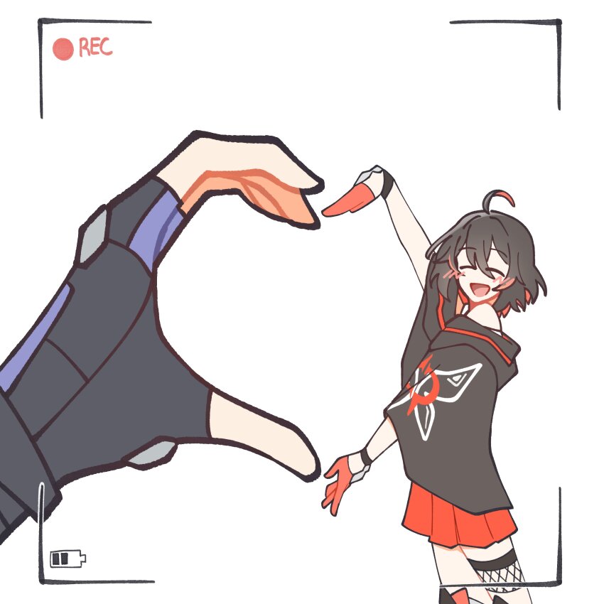 2girls, absurdres, ahoge, black_gloves, black_hair, blush, closed_eyes, fingerless_gloves, gloves, hair_between_eyes, heart, heart_arms, heart_hands, highres, honkai:_star_rail, honkai_(series), honkai_impact_3rd, multiple_girls, namelessakikaze, open_mouth, pleated_skirt, pov, pov_hands, recording, red_gloves, red_hair, red_skirt, seele_(alter_ego), seele_vollerei, short_hair, silver_wolf_(honkai:_star_rail), skirt, smile, viewfinder, white_background, yuri