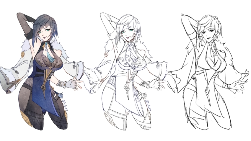 1girl, absurdres, aqua_eyes, asymmetrical_gloves, black_gloves, black_hair, black_pants, blue_dress