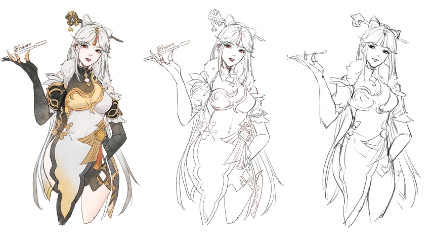 1girl, absurdres, artist_name, black_gloves, black_shorts, breasts, china_dress, chinese_clothes