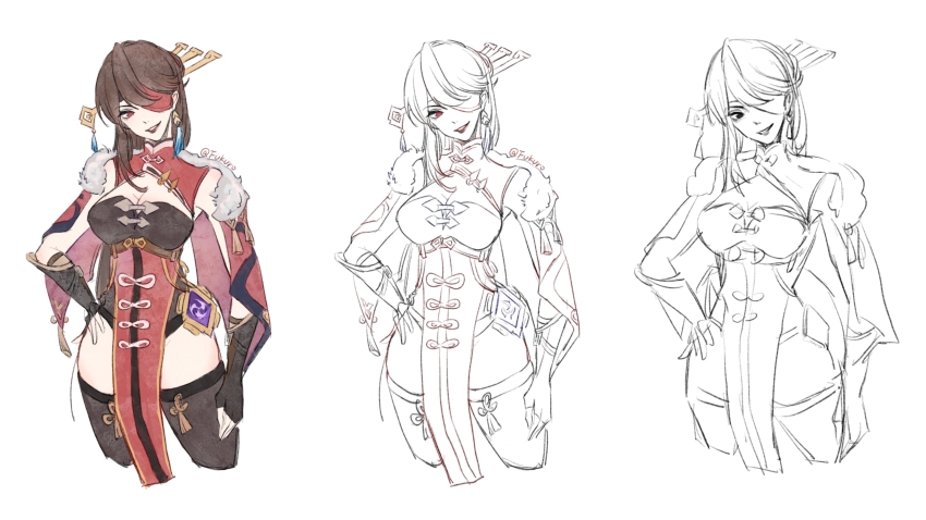 1girl, absurdres, artist_name, beidou_(genshin_impact), black_gloves, black_leotard, black_thighhighs, breasts, brown_hair, capelet, cleavage, cropped_legs, earrings, eyepatch, fingerless_gloves, fukuro_0a0, fur-trimmed_capelet, fur_trim, genshin_impact, gloves, hair_behind_ear, hand_on_own_hip, head_tilt, highres, jewelry, leotard, long_hair, making-of, medium_breasts, one_eye_covered, parted_lips, pelvic_curtain, red_capelet, red_eyes, single_earring, sketch, smile, tassel, tassel_earrings, thighhighs, very_long_hair, vision_(genshin_impact)